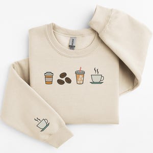 Embroidered Coffee Sweatshirt, Barista Embroidery Sweater, Coffee Crewneck, Coffee Icons Shirt Coffee Hoodie, Iced Coffee Shirt Coffee Lover