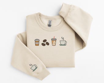 Embroidered Coffee Sweatshirt, Barista Embroidery Sweater, Coffee Crewneck, Coffee Icons Shirt Coffee Hoodie, Iced Coffee Shirt Coffee Lover