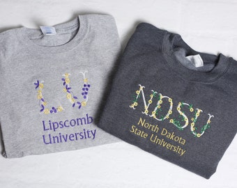 Custom College Floral Embroidered Sweatshirt, Crewneck University Sweatshirt, College Hoodie Sweatshirt, High School Hoodie, Graduation Gift