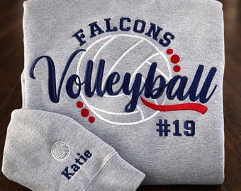 Embroidered Volleyball Sweatshirt Custom Team Name Jersey Number, Volleyball Mom Hoodie Personalized Team Crewneck Name and Number on Sleeve