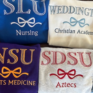 Custom College Bow Embroidered Sweatshirt, Crewneck University Sweatshirt, College Hoodie, Preppy, Coquette College, Graduation Gift
