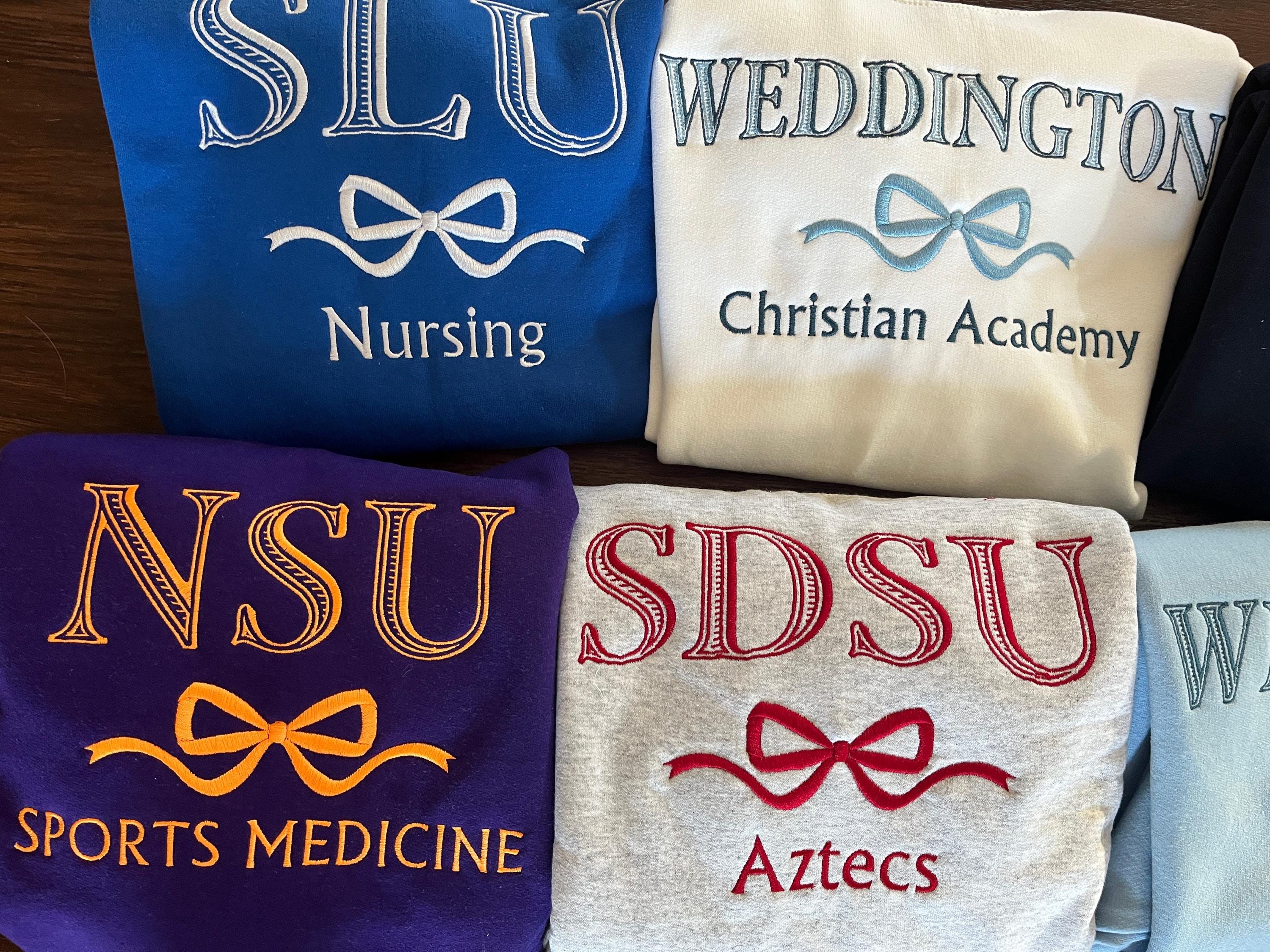 Custom College Bow Embroidered Sweatshirt, Crewneck University Sweatshirt, College Hoodie, Preppy, Coquette College, Graduation Gift