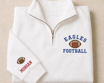 Personalized Embroidered Football Quarter Zip, Custom Team and Player Number Football Embroidered Sleeve Name Personalized Team 1/4 Zip