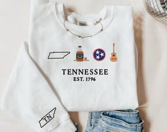 Tennessee Embroidered Sweatshirt, Tennessee Icons Crewneck, Embroidered Tennessee State, TN Shirt, Tennessee Gift, Tennessee Hoodie, Whiskey