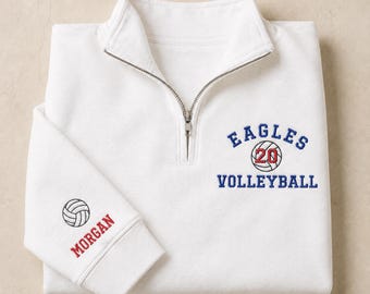 Personalized Embroidered Volleyball Quarter Zip, Custom Team and Player Number Volleyball Embroidered Sleeve Name Personalized Team 1/4 Zip