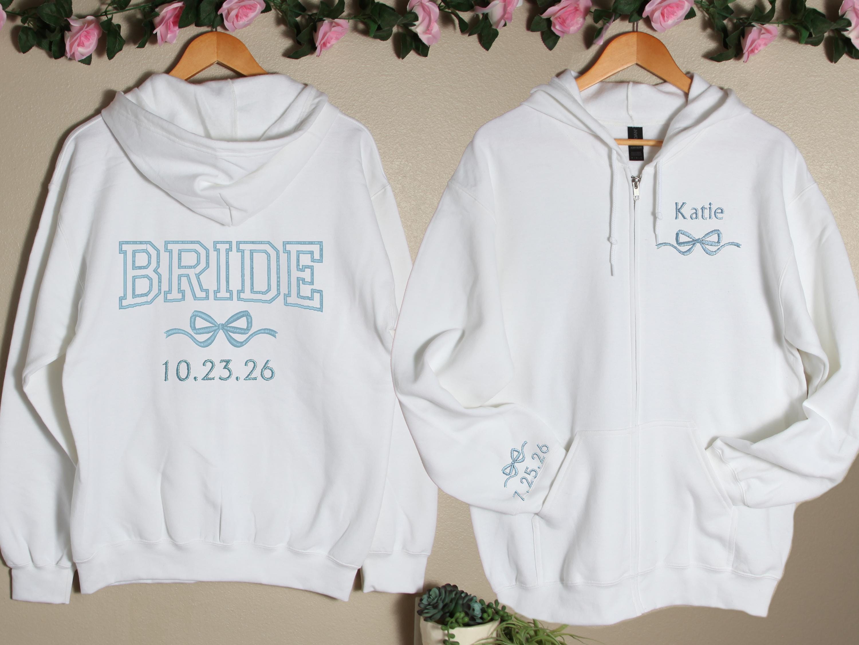 Embroidered Bridesmaid Zipped Hoodies, Personalized Bride Zip Up Hoodie, Bridesmaid Coquette, Wedding Day Shirt, Bridal Party Getting Ready
