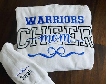 Embroidered Cheer Mom Sweatshirt Cheerleading Mom Hoodie Coquette Bow Personalized Sweater Cheer Team Mama Gift Name Crewneck Hoodie