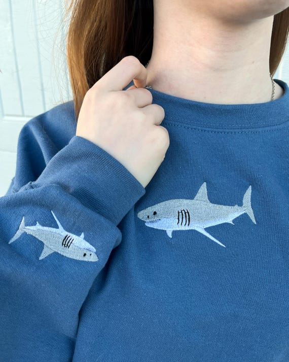 Embroidered Shark Sweatshirt, Great White Shark, Oceancore, Trendy Crewneck, Shark Gift, Shark Crewneck Shark Sweater, Shark Hoodie, Sleeve