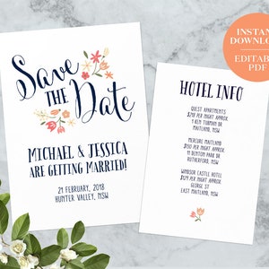 May include: Save the date card with floral design.  The card says "Save the Date" in cursive script with a floral design in pink, orange, and yellow.  The text below says "Michael & Jessica are getting married!" with the date "21 February, 2018" and location "Hunter Valley, NSW".  A separate card with hotel information lists three hotels with prices and addresses.