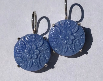 Pair of earrings silver vintageopaque blue glass buttons