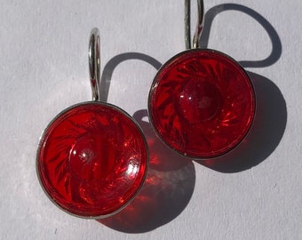 Pair of earrings silver antique fiery red glass buttons