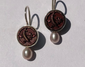 Pair of earrings silver vintage burgundy Austrian Tiny buttons pearl drops light pink