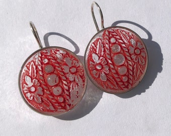 Pair of earrings silver vintage glass buttons transparent & red, flowers