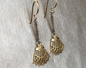 Pair of 585 gold earrings, smoky quartz, fan ornament, removable ear hooks