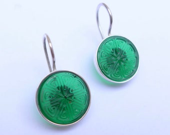 Earrings silver antique emerald green glass buttons