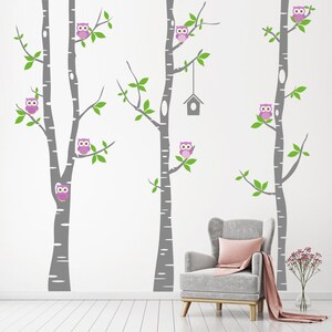 Birch Tree And Birds Wall Sticker Owls Nursery Birds Decal Playroom Wall Decal Birch Trees Decal wall decor Birch Tree With Owls