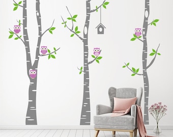 Birch Tree And Birds Wall Sticker Owls Nursery Birds Decal Playroom Wall Decal Birch Trees Decal wall decor Birch Tree With Owls