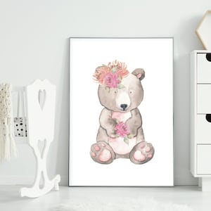 Acuarela cartel oso de peluche con flores Fotos para la habitación de los niños Carteles para niños Niños Habitación Niñas Extras para la habitación de los niños
