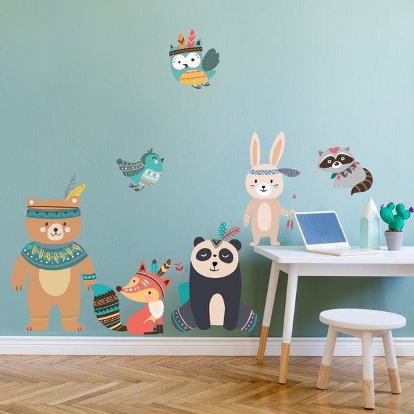 Abziehbilder für Kinderzimmer Tiere Indianer Tribal Nursery Art Bär Panda Fox Owl