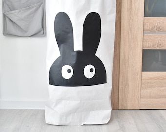 Big White Paper Bag for Toys Rabbit, Kids Interior Baby Decor, Cute Organizer, Black Rabbit