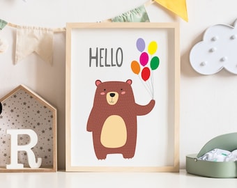 Bear Hello Poster, Addition to the children's room, Educational picture on the wall, Tropical friends print