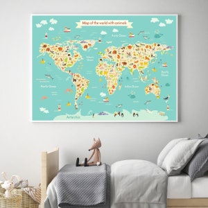 Poster Picture Carte du monde avec des animaux extras chambre pour enfants Affiches pour enfants Carte 50 x 70 Carte pour la chambre des enfants