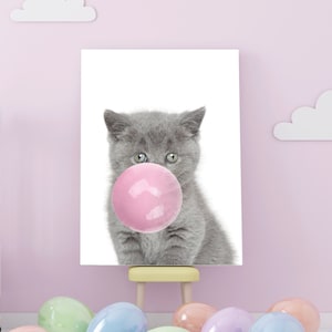 Cartel para niños gato con goma globo, Carteles habitación de los niños, decoraciones de la pared, fotos para la pared de los niños, carteles de los niños