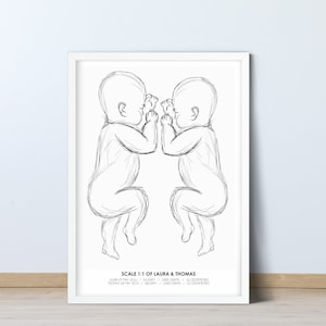 Cartel de la imagen métrica para dos niños habitación de los niños Línea Arte Cartel minimalista recién nacidos gemelos