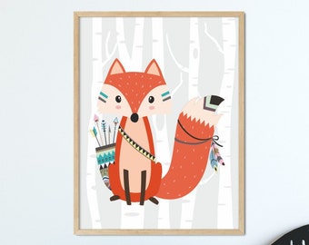 Fox Poster, Addition to the children's room, Educational picture on the wall, Tropical friends print