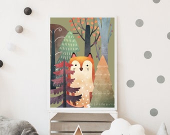 Forest Print FOX Forest Animals Print Animals Art FOX in forest Posters Poster For children kids picture print to school decors