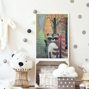 Imagen mapache en el bosque Carteles en las fotos de la pared de la habitación de un niño cartel de accesorios para niños decoraciones de pared para un niño para una chica cartel