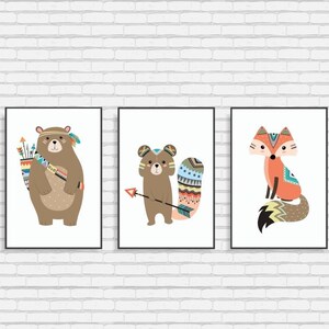 Tríptico para la habitación de los niños, carteles de pared, decoraciones de pared, fotos de los niños, mascotas del bosque, carteles del bosque