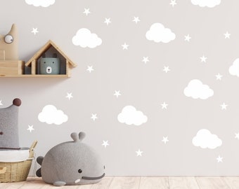 Clouds and Stars Stickers White clouds, white stars, nursery decoration, childrens decals, room decoration 55NW