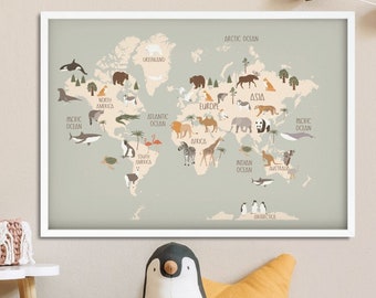 Animal World Map Poster, World Map Art, Animal Print, Animal Nursery Decor, Kids Room Decor, Baby Room Poster, Kids Country World Map Poster