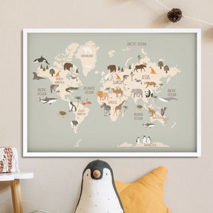 Tierwelt Karte Poster, Weltkarte Kunst, Animal Print, Tierkindergarten Dekor, Kinderzimmer Dekor, Baby Zimmer Poster, Kinder Land Weltkarte