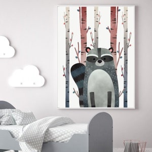 Imagen mapache en el bosque Carteles en las fotos de la pared de la habitación de un niño cartel de accesorios para niños decoraciones de pared para un niño para una chica cartel
