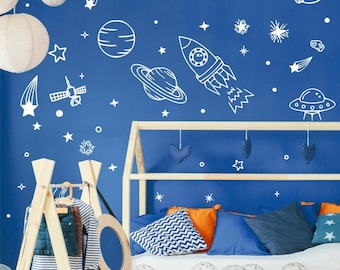 Space wall decal, Cosmos decals, Planets, Earth, Rocket decal, Space stickers, Boys room design, Nursery decal 157NW