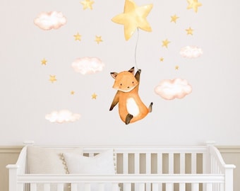 Watercolor Fox with balloon and stars, clouds, Kids Decals, Boy room, Girl room, Kids room decoration A169