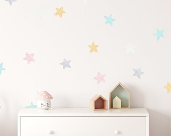 Stickers Watercolor Stars 7 cm 24 pieces, Kids room decals, pink, mint, gray, light gray