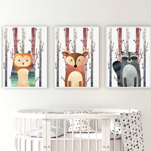 Tríptico para la habitación de los niños, carteles de pared, decoraciones de pared, fotos de los niños, mascotas del bosque, carteles del bosque