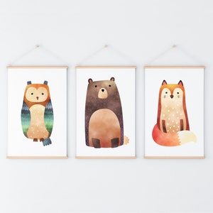 Tríptico para la habitación de los niños, carteles de pared, decoraciones de pared, fotos de los niños, mascotas del bosque, carteles del bosque
