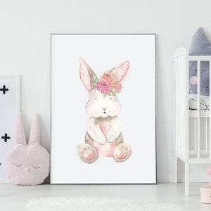 Cartel del conejito de la acuarela con flores Imágenes para la habitación de los niños Carteles para los niños Niñas Baño Extras para los niños en la habitación