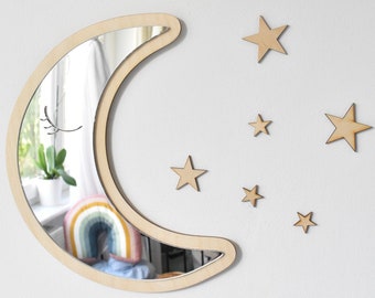 Moon mirror and wooden stars. Unbreakable wood mirror. Wooden decorations for children's room. Moon mirror L14
