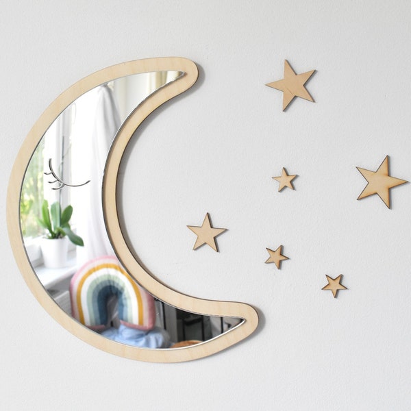 Moon mirror and wooden stars. Unbreakable wood mirror. Wooden decorations for children's room. Moon mirror L14