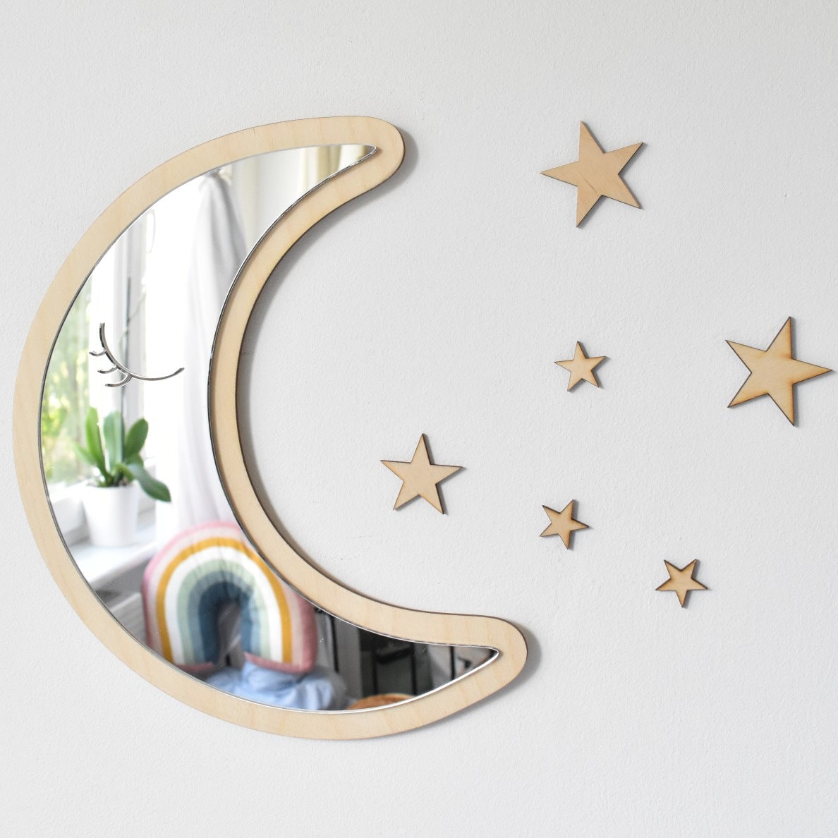 Moon mirror and wooden stars. Unbreakable wood mirror. Wooden -   Portugal