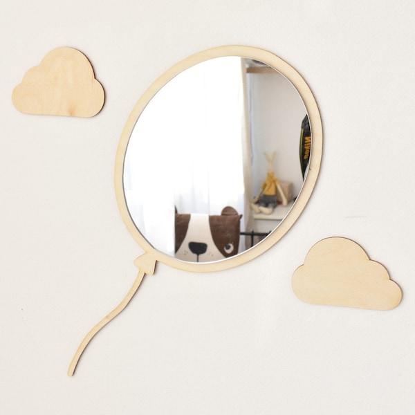 Miroir ballon et nuages en bois Miroir en bois incassable décorations en bois pour chambre d'enfant Miroir ballon L1