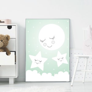 Cartel de la luna con estrellas durmiendo luna en la pared para niños cartel niños imagen bebé habitación recién nacido ojos dormidos decoración sobre la cuna