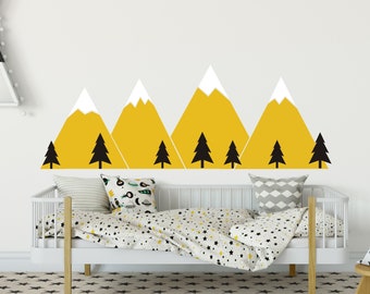 Mountain Wall Decals Pine Trees Nature Wall Decals Snow Cap Gray Mountains Decals Nursery Kids Decorations Trees Decals