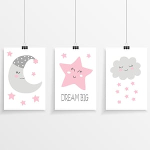 Conjunto de tres carteles para la habitación del niño para la pared Moon Star Cloud Decoration pared para niños Tríptico Fotos Carteles Cartel Cartel Cartel