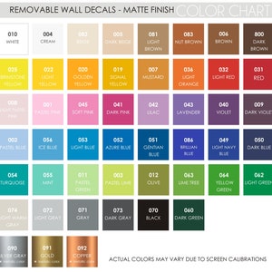 May include: Color chart for removable wall decals with a matte finish. The chart shows 36 different colors, including white, cream, beige, dark beige, light brown, nut brown, brown, dark brown, brimstome yellow, light yellow, golden yellow, signal yellow, mustard, light orange, light red, red, light pastel pink, pastel pink, soft pink, dark pink, lilac, lavender, violet, dark violet, pastel blue, ice blue, light blue, azure blue, gentian blue, brilliant blue, light navy blue, dark blue, turquoise, mint, pastel green, pastel lime, olive, lime tree, yellow green, light green, light warm gray, light gray, gray, dark gray, black, dark green, silver gray, gold, and copper.